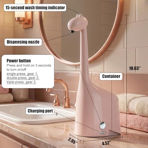 Automatic Soap Dispenser,Cute Dinosaur, Touchless, Rechargeable Foaming Soap Dispenser, 10oz/300ml, 3-Level Adjustable Foam, IPX5 Waterproof for Bathroom, Kitchen, Hotel,Restaurant, Pink - color: Pink