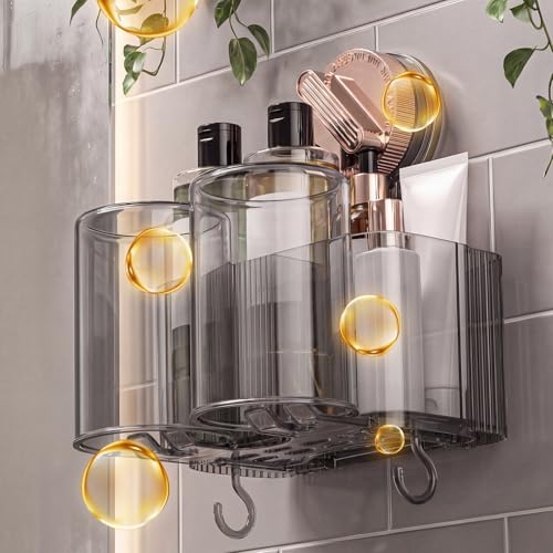 Black Toothbrush Holder for Bathroom, Multi-Functional 2 Cups Toothbrush Organizer Wall Mounted with 2 Storage Slot and 2 Toothbrush Cups - color: Rose Gold