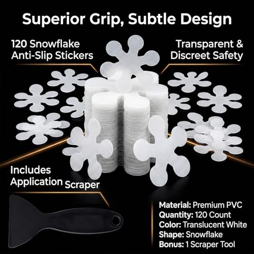 Anti Slip Shower Stickers, 100 Pieces Snowflake Shower Floor Non Slip Stickers, Adhesive Decals Safety Strips with Scraper for Bath Tub, Shower Floor and Stairs (100 Snowflake) - size: 100 Snowflake