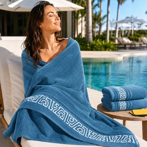 3 Packs Cotton Luxury Towels,Ultrasoft Large Size Bath Bundle Cotton Towels Set Highly Absorbent - 1 Bath,2 Washcloth with 2 Microfiber Cleaning Cloth,for Premium Hotel,Bathroom,Spa,Gym(Electric Blue)