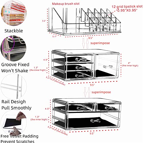 Clear Acrylic Makeup Organizer for Vanity,Countertop,Stackable 7 Drawers Bathroom Skincare Organizer with Brush Holder,Large Skin Care Organizer for Jewelry,Beauty Product Lipsticks,Nail Polishes - style: Medium-7 drawers With Tray Top