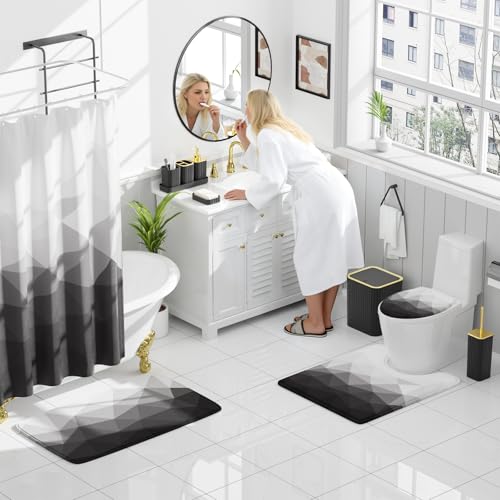 XLHOMO Bathroom Accessory Set - 26PC Bathroom Shower Curtain and Rug Set, Bathroom Accessories Set, Black Bathroom Set with Trash Can, Toilet Brush, Qtip Holder & Soap Dispenser - style: Black