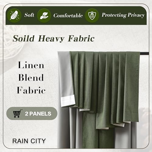 RAIN CITY Dark Olive Green Blackout Curtains Linen 63 Inches Long 2 Panels Set, Back Tab Pleated Look Thermal Insulated Curtains & Drapes for Living Room - Loden/Olive Forest W50 x L63 | Back Tab Thermal Insulated Linen Light Blocking Curtains & Drapes fo