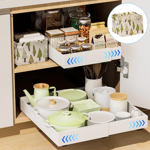 21 Inch Deep Pull Out Cabinet Organizer 2 Pack, Expandable Slide Out Drawers for Cabinet Shelves Heavy Duty with Adhesive Nano Film for or Kitchen, Bathroom, Pantry, Under Sink Storage (White)