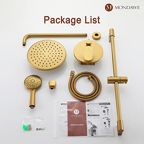 MONDAWE 9 Inch Wall Mounted Shower Faucet Set in Brushed Gold, Rainfall Shower Head with 3-Setting Handheld Spray Shower Set Combo, High Pressure Shower System with Solid Brass Valve - color: Brushed Gold, style: 9 IN - Without Tub Spout