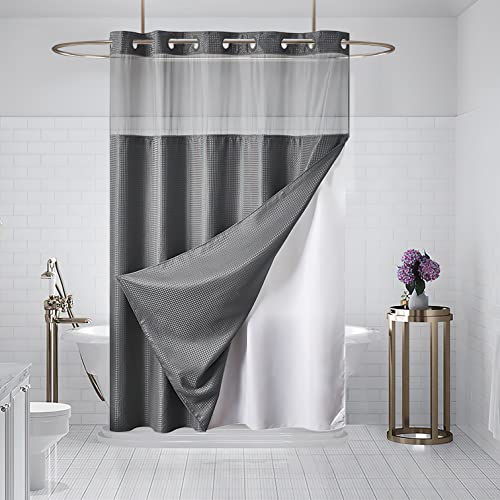Furlinic Dark Grey Small Stall No Hook Shower Curtain with Snap in Liner,Waffle Weave Heavy Duty Fabric Waterproof Bathroom Curtains,Washable Shower Curtain Set with See Through Window 36x72 Inch - color: Dark Grey, size: 36"W x 72"L (Pack of 1)