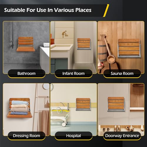 Dyna-Living Folding Shower Seat Wall Mounted Fold Down Shower Seat 400 lbs Load-Bearing Shower Bench Seat Wall Mounted Shower Chair Foldable Wooden Shower Seat for Inside Shower for Elderly