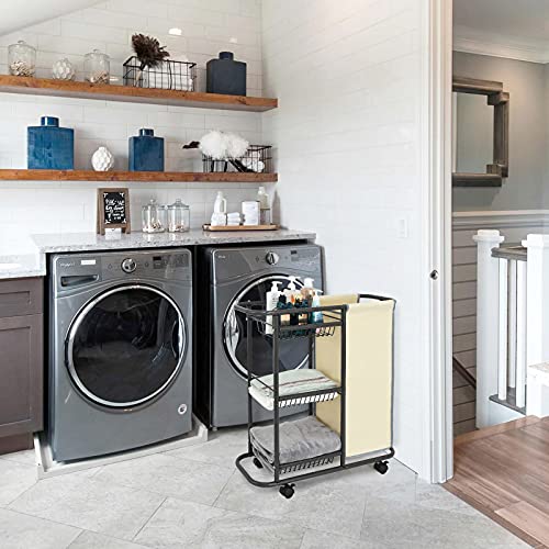 Rolling Laundry Basket with Wheels and Handle,3 Storage Baskets, 45 L Bag | Heavy Duty Laundry Cart, Space Saving Laundry Room Organization - color: Beige