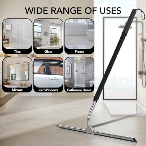Shower Squeegee with Long Handle, 15-51" Telescopic Squeegee for Window Cleaning, Shower Squeegee for Glass Doors, Extendable Window Cleaner Tool for Tile Walls, Sliding Door, Floor, Car Windshield