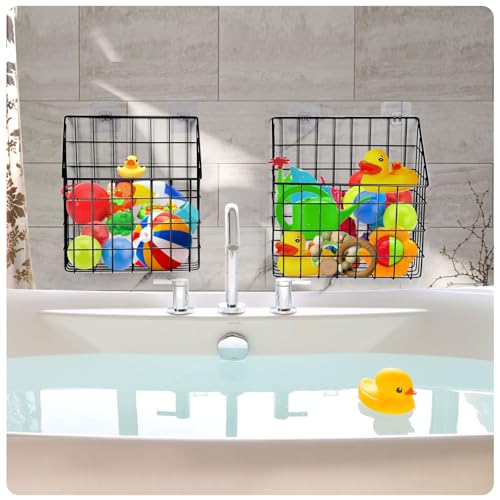 Greentainer 2 Pack Bath Toy Storage Organizer, Large Rustproof Metal Wire Basket, Wall Mounted Hanging Bathtub Holder, Bathroom Shower Caddy for Tub Toys & Toiletries - color: Black