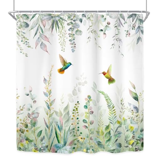 Sage Green Eucalyptus Extra Long Spring Leaves Bathroom Shower Curtain Set | 72"W x 84"H Botanical Plants; waterproof HD print, quick-dry fabric with 12 free hooks for easy hanging. - color: A-sage Green, size: 72"W x 84"L (Pack of 1)