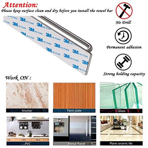 Sumnacon Towel Bar Rack with Hook, 13.38 Inch 3M Self Adhesive Stainless Steel Towel Holder Organizer for Bathroom Kitchen Bedroom, Brushed Finish (Towel Rack with Hook)