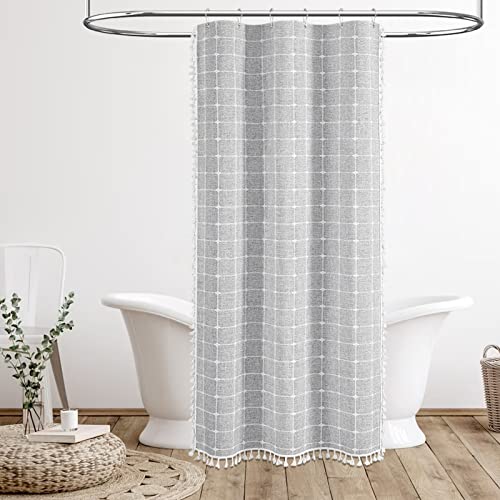 Stall Boho Farmhouse Linen Heavy Duty Shower Curtain, 36x72, Gray/Grey | Half Size, 330GSM Linen Blend, 3-side Tassels, Water Repellent Fabric, 6 Plastic Hooks, Rustic Bohemian, Machine Washable - color: Grey, size: 36"W x 72"L (Pack of 1)