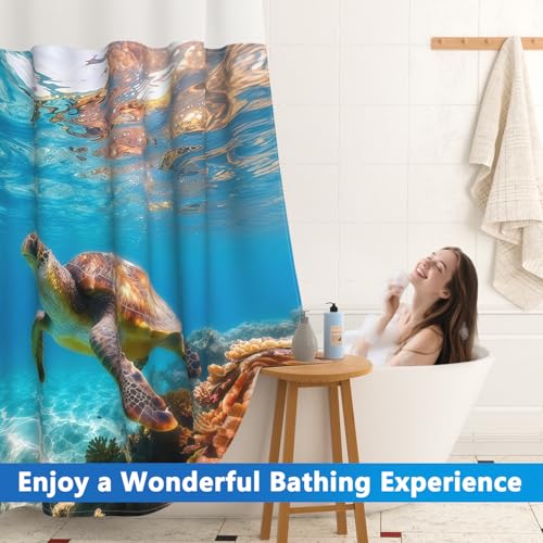 No Hook Shower Curtain with Snap in Liner, Ocean Themed Turtle Shower Curtain with Mesh Top Window and Weighted Hem, 71x74 Inches Double-layer Waterproof Fabric Shower Curtain and Button Liner Set - color: Sea Turtle