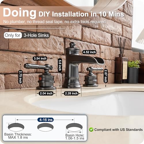 Oil Rubbed Bronze Bathroom Faucet, Brass Waterfall Faucet Widespread Bathroom Sink Faucet 3 Hole, 4-16 Inch Bathroom Faucets with Pop Up Drain 2 Handle & Supply Hose for Hotel Farmhouse Antique - color: Oil Rubbed Bronze - Farmhouse