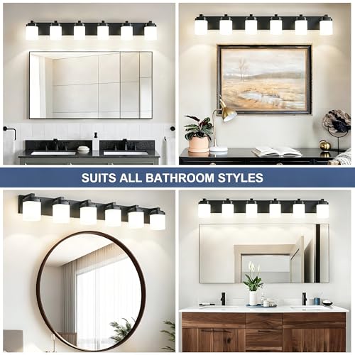 45 Inches Bathroom Vanity Light, 6-Light Black Bathroom Light Fixtures Over Mirror, Bathroom Light Shower Lamp with Milky White Square Glass Shade, Modern Farmhouse Lighting Fixtures - color: Black, size: 45 Inch : 6-lights