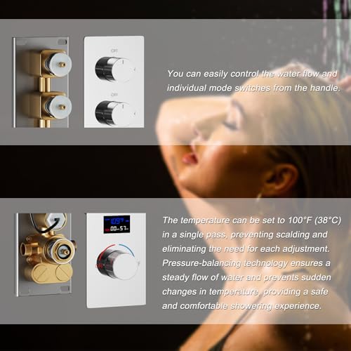 Chrome Shower System Tempreature Display Shower Fuacet Set | 12 inch and 8 inch Full Body Shower Head, with 6 PCS Body Jet and Handheld Spray - color: Chrome, size: 12+8 inch
