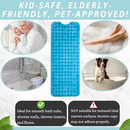 ENKOSI Non-Slip Bath & Shower Mat 40x16 Extra Long, Suction & Drain Holes | Clear Blue look; Durable PVC; 40x16 in, Clear Blue - color: Clear Blue