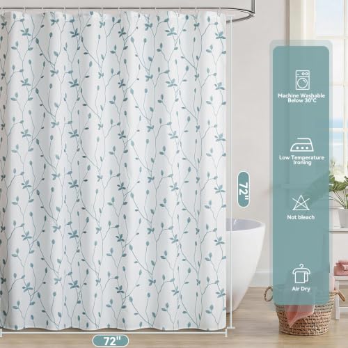 Embroidered Leaf Farmhouse Shower Curtain,Faux Linen,72Wx72L,White Teal | Boho Modern Shower Curtain Set, Washable & Waterproof Fabric, Floral Shower Curtains for Bathroom with Hooks - color: White Teal