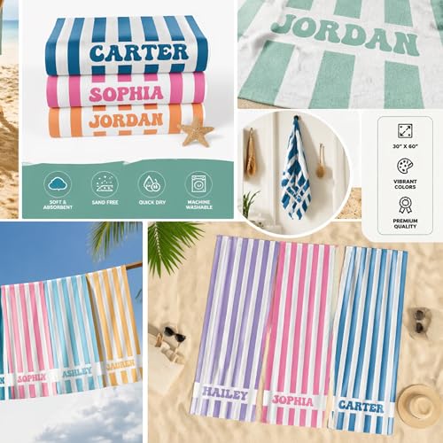 Personalized Striped Beach Towel with Custom Name, Quick Dry Microfiber Towel for Kids & Adults, Soft Pool & Swim Gift