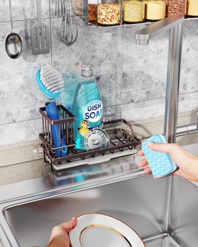 Consumest Sink Caddy Kitchen Organizer, Sponge Holder for Kitchen Sink with Removable Drip Tray for Countertop Dish Soap Holder Dispenser Brush Holder, 304 Stainless Steel - Bronze - color: Bronze