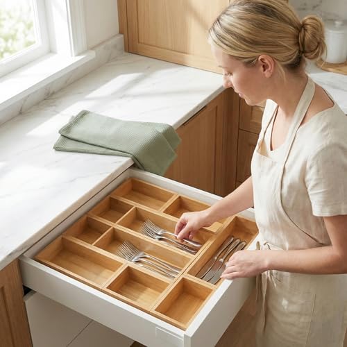 Bamboo Drawer Organizer,Fits Kitchens,Bathrooms,Desk,Utensil,Makeup,Removable Dividers (Natural, M) - size: M