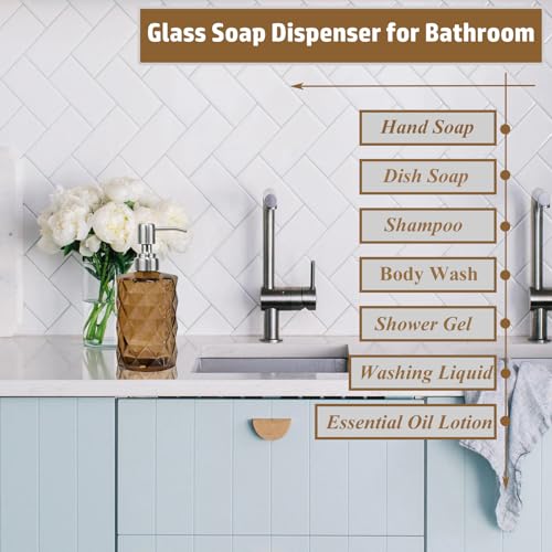 12Oz Brown Glass Soap Dispenser, Liquid Hand Bottle, Stainless Steel Pump | Refillable Clear Kitchen Soap Dispenser with Diamond Design, for Hand soap, Dish Soap, Lotion, Bathroom, Countertop, Hotel - color: Brown Diamond