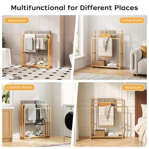 Bamboo Towel Rack Stand, 3 Tier Freestanding Bathroom Towel Drying Rack | 31.5"W × 9.4"D × 39.4"H • Natural • Waterproof • Blanket rack • Blanket holder • Ventilated • Bottom shelf • Anti-tip - color: Natural