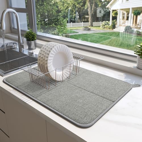 Dish Drying Mat for Kitchen Counter, Absorbent Dish Mat,Grey 16x18 | Ultra Absorbent & Fast Drying, Machine Washable Foldable Kitchen Drying Dry Pad for Countertops, Sinks, Draining Racks - size: 16" x 18"