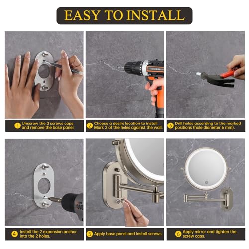 FUNTOUCH 5000mAh Rechargeable Wall Mounted Makeup Mirror with Lights 3X/20X | Double Sided Magnifying,3 Color Lights,Touch Dimmable, Extended Arm 360 Rotation Lighted Bathroom Mirror with Magnification - color: Nickel