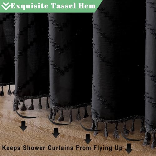 Extra Long Black Boho Shower Curtain, Chic Tufted Chevron Striped Textured Fabric Cloth Shower Curtains with Tassel for Bathroom, Soft Hotel Style Farmhouse, Machine Washable, 72x84 - color: Black, size: 72"W x 84"L (Pack of 1)