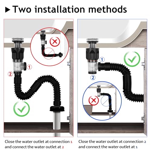 2 Pack Bathroom Sink Drain Kit, with Flexible Expandable P-Trap Sink Drain Pipe, Fits 1-1/4",1-1/2" and 2'' Drain Hole, Built-in Anti-Clogging Stopper, Anti-Odor Without Overflow - color: Black Without Overflow, style: 2 Pack
