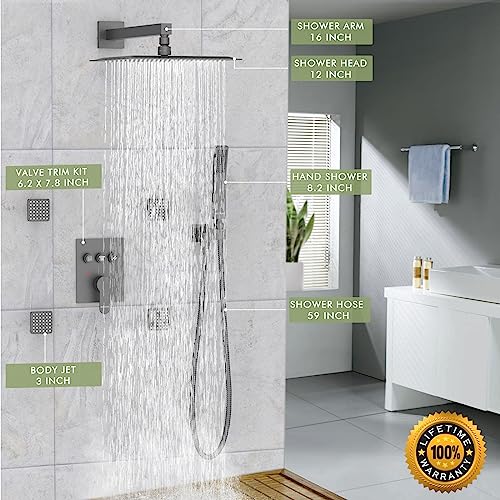 Shower System with Body Jets,Bostingner Shower Faucet Sets 12" Rain Shower Head with Handheld Spray, Can Use at Same Time, Push Button Diverter Shower Sets Complete, Matte Black - color: Matte Black, size: 12 Inch