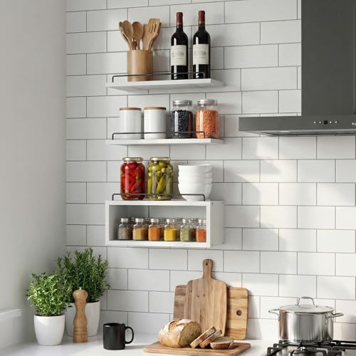 LANDNEOO Floating Shelves for Wall with Cube Shelf, Set of 3 Wood Bathroom Shelves Over Toilet for Storage, Wall Mounted Organizer with Metal Rail for Restroom Decor and Toilet Paper, White
