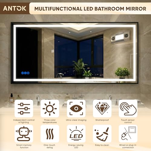 Antok 36X36 LED Bathroom Mirror with Lights, Vanity Mirror for Wall with Black Frame, Touch Control, Anti-Fog, Dimmable Lights, Shatter-Proof, Memory Function, Wall-Mounted Vanity Mirrors - size: 36"L x 36"W