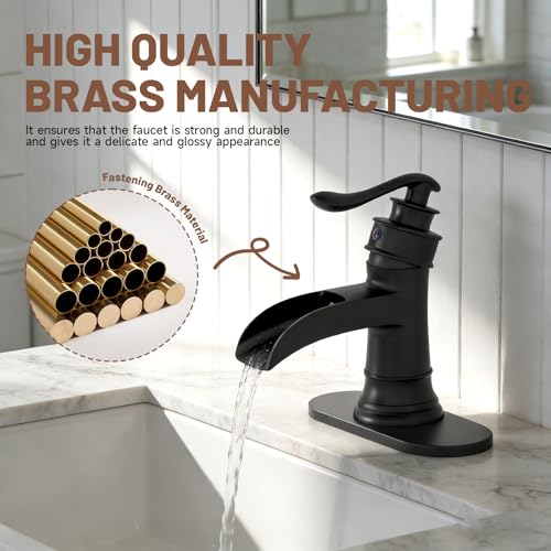 Waterfall Bathroom Sink Faucet Black Bathroom Faucet 1 Hole | Single Handle,with Pop Up Drain Stopper Vanity Water Supply Hose,Lead-Free Solid Brass,Farmhouse Faucet Deck Mount - color: Black