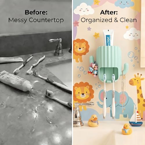 Kids Toothbrush Holder Wall Mount, Cute Cactus (Light Green) | Bathroom Organizer, PP Cactus Holder, Toothbrush Toothpaste Hair Tie Accessories,Multi-Function Organizer - color: Green