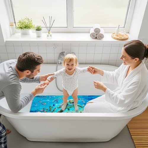 Baby Bath Mat for Tub Non Slip Kids, BPA Free Extra Long Bathtub Mat 40x16 with Drain Holes and 200 Suction Cups, Non Toxic Machine Washable Toddler Bath Mat, No Fading, Sea - color: X-turtle 1
