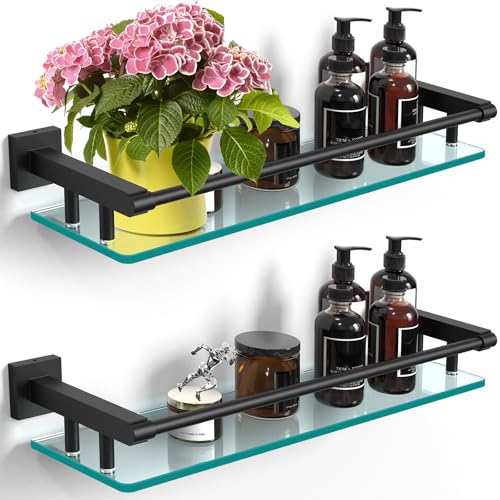 Bathroom Glass Shelf 20IN Rectangular Stainless Steel Tempered Glass Shelves Modern Stainless Steel Wall Mount Bathroom Shelf (Matte Black, 20‘’) - color: Matte Black, size: 20'' with Railing