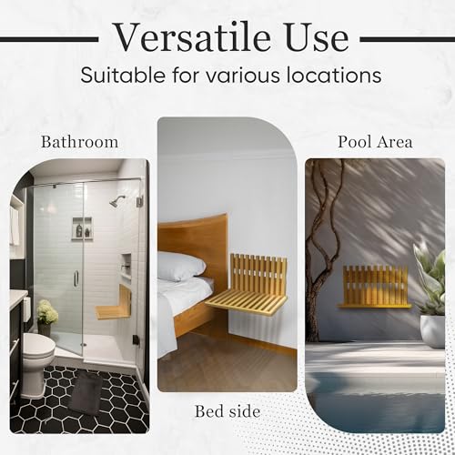 Wall Mounted Folding Chair, Bamboo Fold Down Seat for Entryway, Shower and Small Spaces, Holds 260 lb (120 kg), Space Saving Wall Bench, Mounting Hardware Included
