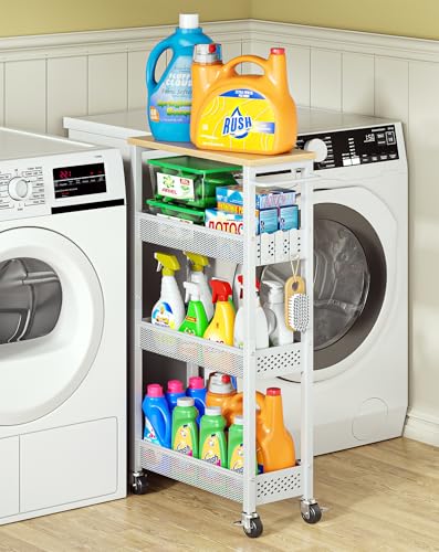 OKZEST Slim Laundry Room Organization Cart with Upgraded Metal Hub Casters | Fits between washer & dryer, 4-Tier space-saving narrow rolling cart, Premium wood top & metal mesh shelf, with handle & hook - color: White, size: 7.1 Inch Wide