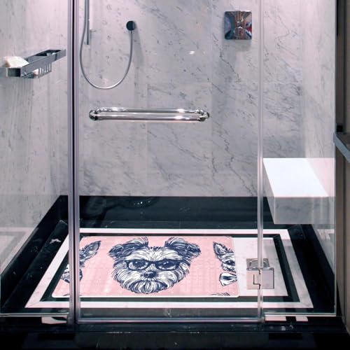 Dog Bows Glasses Tie on Pink Background Bath Tub and Shower Mats, Non Slip Bathmat with Drain Holes and Suction Cups for Bathroom Floor, 15.1 x 26.8 Inch - color: Multi 01