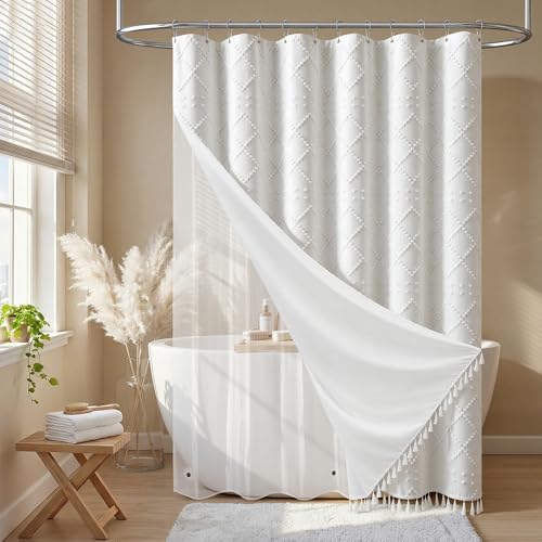 Extra Long Shower Curtain and Liner Set - 84 inch Tall Boho Shower Curtain and Waterproof Clear Liner, Tufted Geometric Striped Tassel Shower Curtains for Bathroom, 12 Hooks, 72x84, White - color: White, size: 72"W x 84"L (Pack of 1)