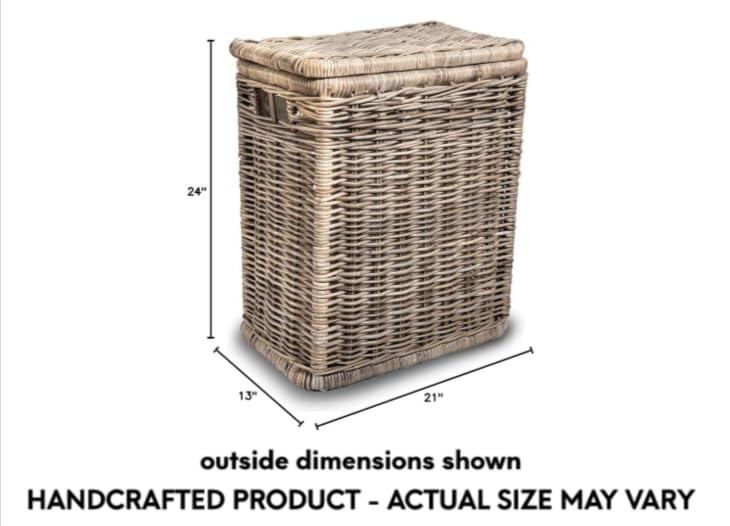 The Basket Lady Narrow Kubu Wicker Rectangular Laundry Hamper, Serene Grey | Outside: 21" L x 13" W x 24" H, 2.7 cu-ft capacity, Removable fabric liner, Handcrafted, Fully-assembled, Natural rattan - color: Serene Grey