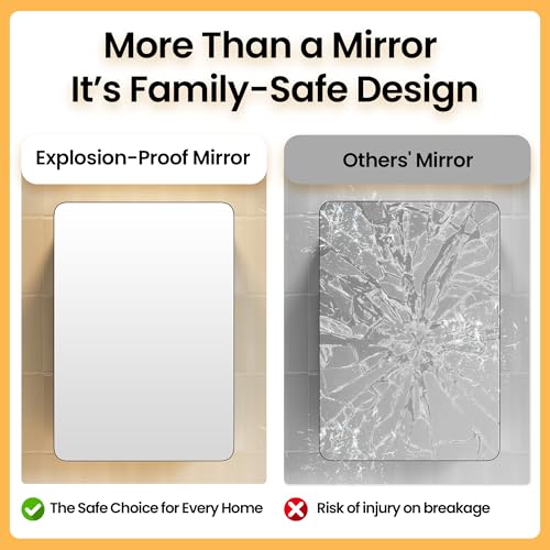 20x26 Black Medicine Cabinet Mirror, Recessed or Surface Mount | Built-in makeup organizer with lipstick slots, Brush holders and inner mirror; 3 adjustable shelves; Rustproof aluminum - size: 20" x 26"