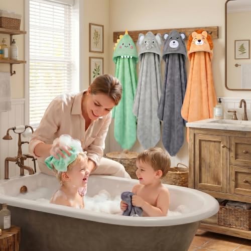 12 PCS Baby Bath Towels Set, Baby Towels for Newborn Bath Essentials | Ultra Soft Cozy, Thick & Absorbent, Cute Animal Hooded, 4 PCS Baby Towels & 8 PCS Washcloths, for Infants, Toddlers Boy Girl