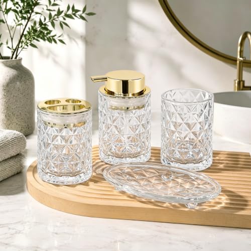 CERBIOR Bathroom Accessories Set, 4 PCS Glass Bathroom Set,Golden White | Includes Soap Dispenser, Toothbrush Holder, Toothbrush Cup, Soap Dish for Decorative Countertop and Housewarming Gift - style: white