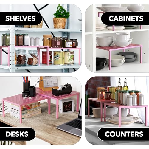 Simple Houseware Expandable Stackable Kitchen Counter Shelf Organizer, Pink, Metal Top, 11.25 in L x 7.9 in W x 5.4 in H | Expandable & Stackable 9" D x 12.75" W x 5.9" H - color: Pink