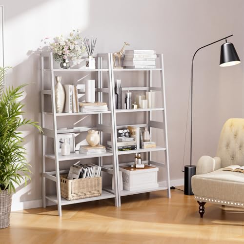 HITNET Ladder Shelf, 4 Tier Bookshelf, Floor Standing Bathroom Storage Rack with Bamboo Frame, Home Office Open Display Bookcase, White - color: White