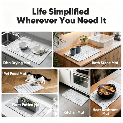 Stone Drying Mat for Kitchen Counter, Quick Diatomaceous Earth Mats for Dishes, 24"L x 16" W Super Absorbent Fast-Drying Collapsible Countertop Stone Mat (Marble White, 24" x 16") - color: Marble White